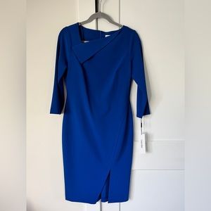 NWT CALVIN KLEIN 3/4 Sleeve asymmetrical neck sheath dress royal blue